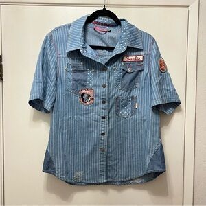 Double D Ranch Short Sleeve Button Down Shirt Blue Denim Chambray Patch Medium